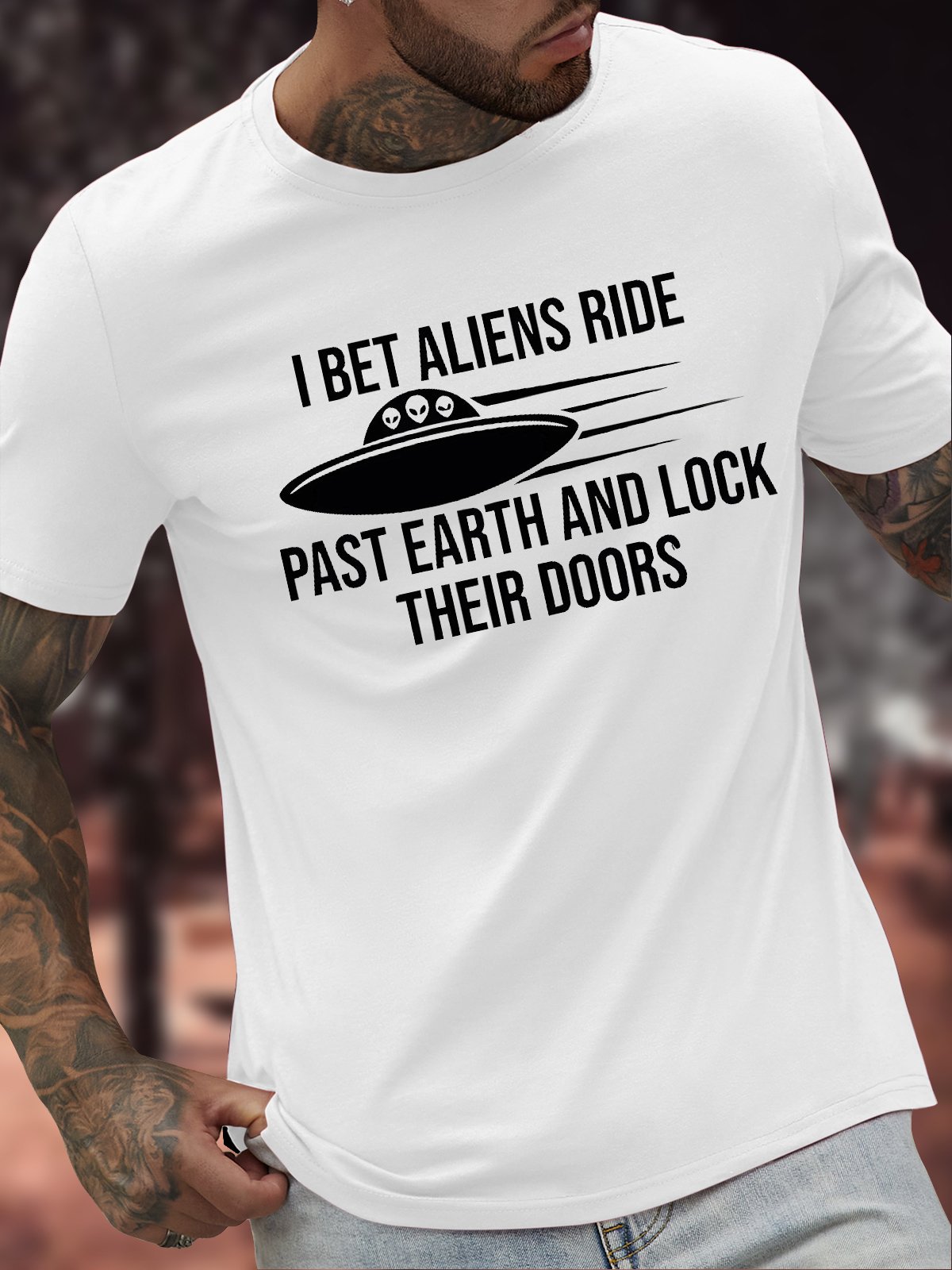 Herren I Wette Außerirdische Fahrt Vergangenheit Erde und sperren ihr Türen Lustig Grafik Print Lässig Textbriefe Baumwolle Weit T-Shirt