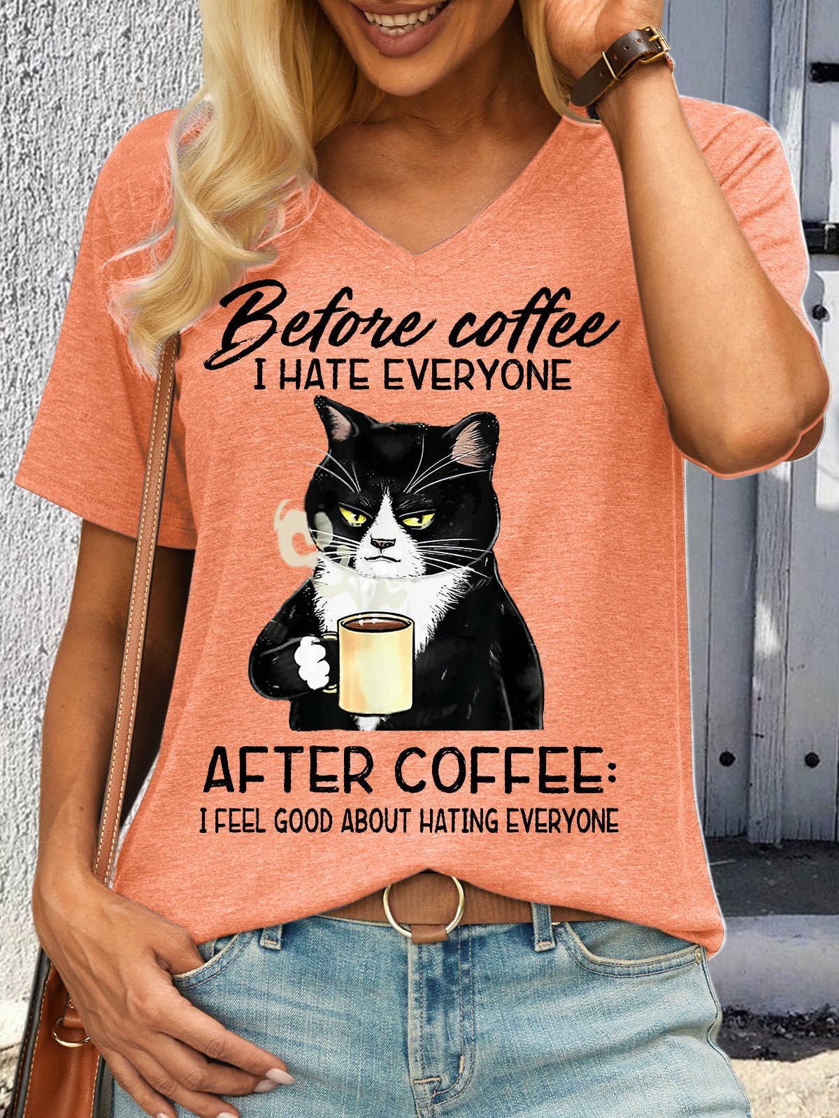 Damen Vor Kaffee Ich hasse jedermann Nach dem Kaffee Schwarz Katze Getränk Briefe Lässig T-Shirt