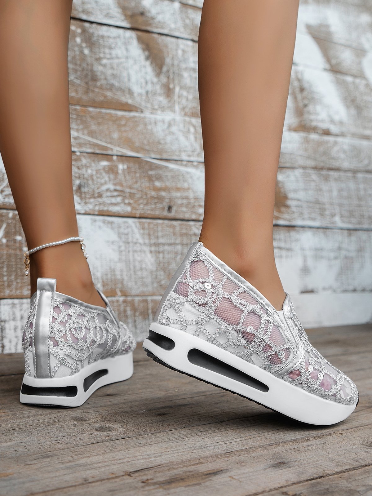 Fashion Paillette Atmungsaktiv Mesh Slip On Plateau Sneakers