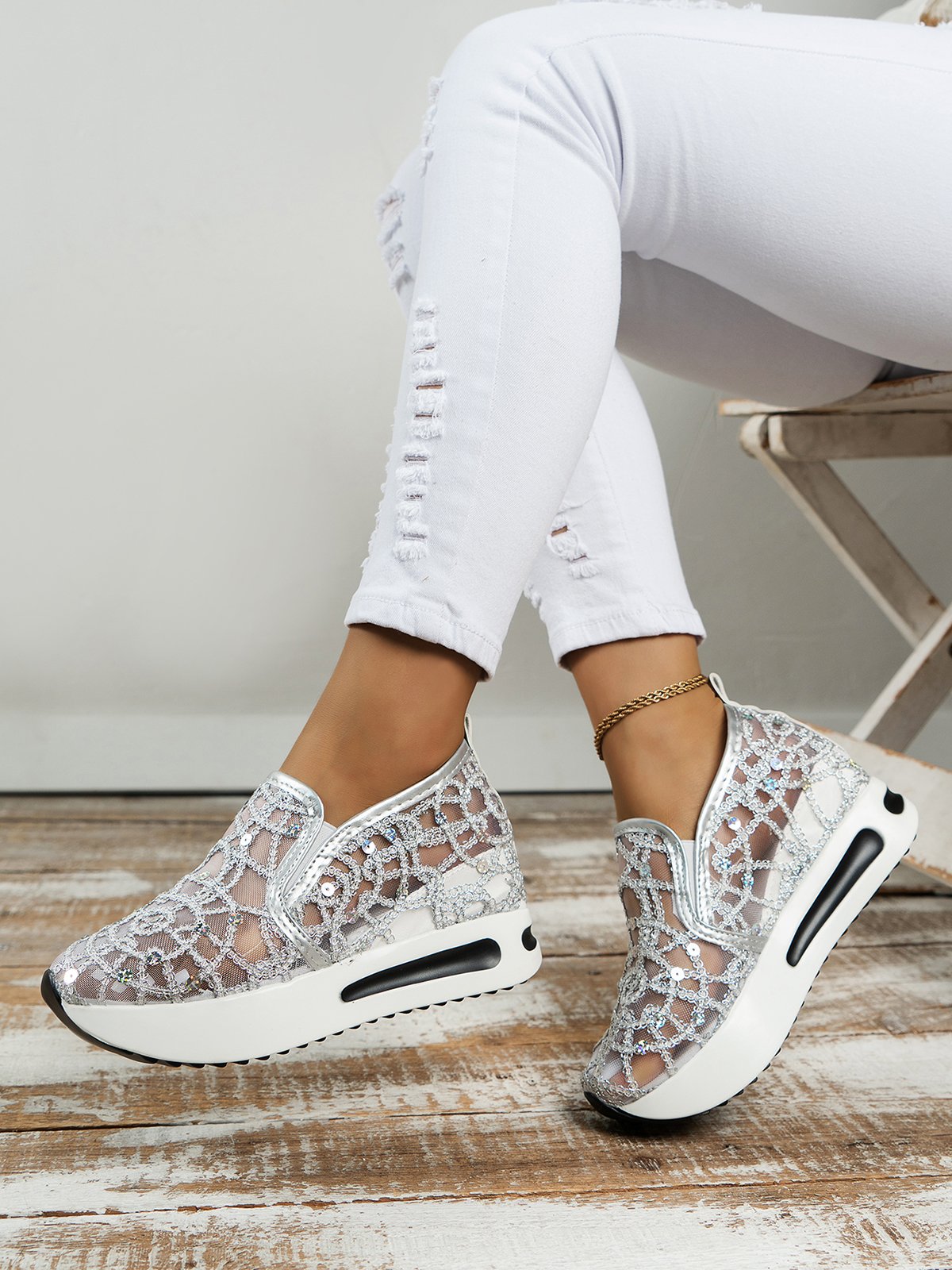 Fashion Paillette Atmungsaktiv Mesh Slip On Plateau Sneakers