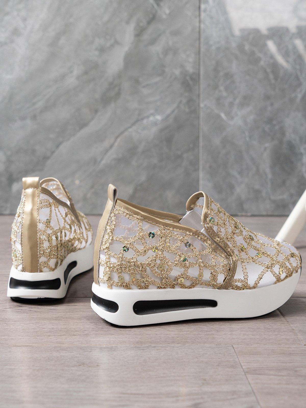 Fashion Paillette Atmungsaktiv Mesh Slip On Plateau Sneakers