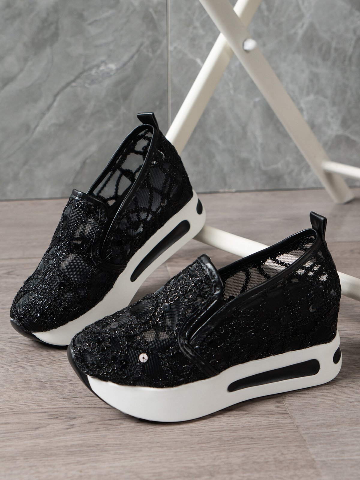 Fashion Paillette Atmungsaktiv Mesh Slip On Plateau Sneakers