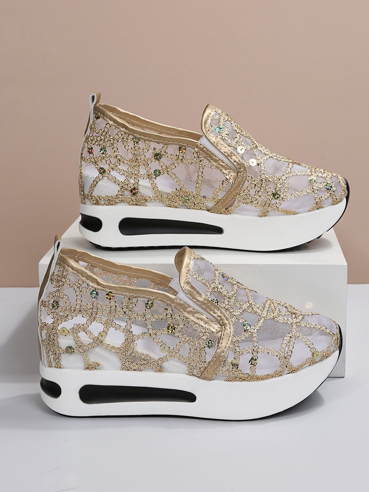 Fashion Paillette Atmungsaktiv Mesh Slip On Plateau Sneakers