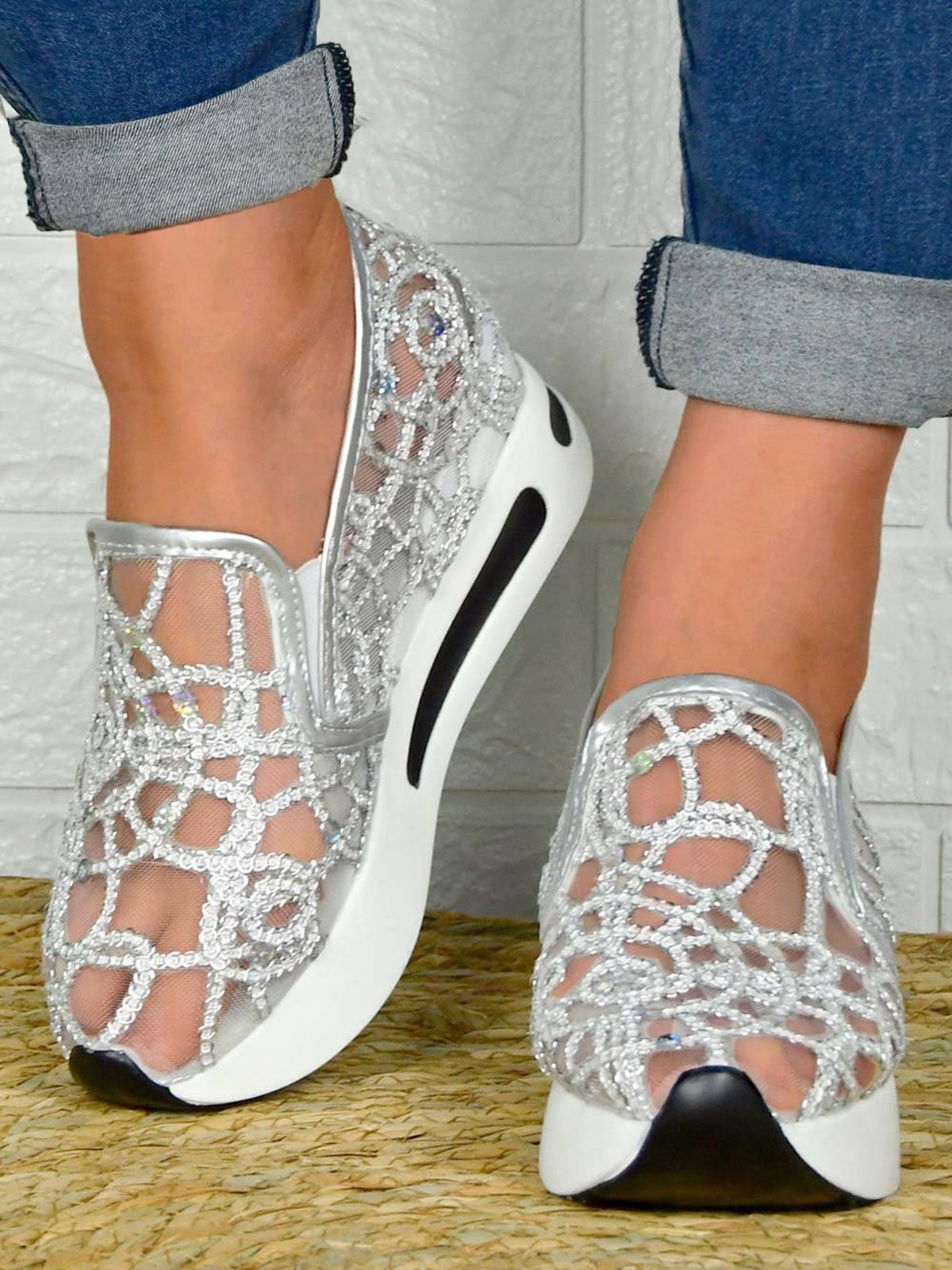 Fashion Paillette Atmungsaktiv Mesh Slip On Plateau Sneakers