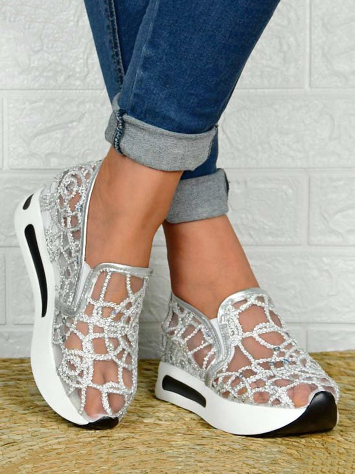 Fashion Paillette Atmungsaktiv Mesh Slip On Plateau Sneakers