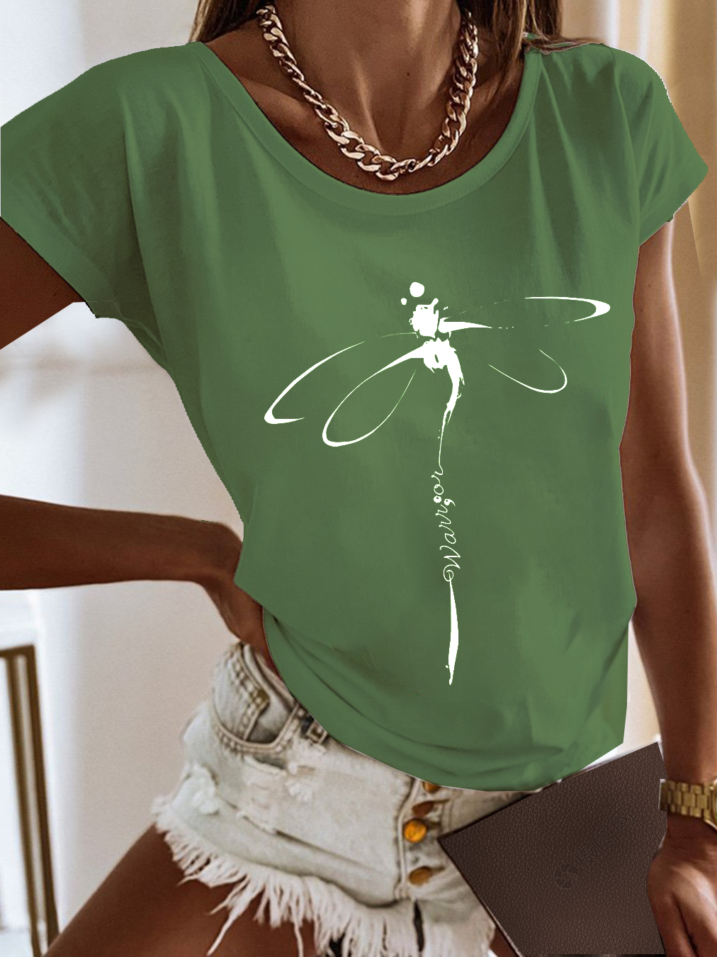 Lockeres Lässiges Looses Shirt mit Rundhalsausschnitt Libelle