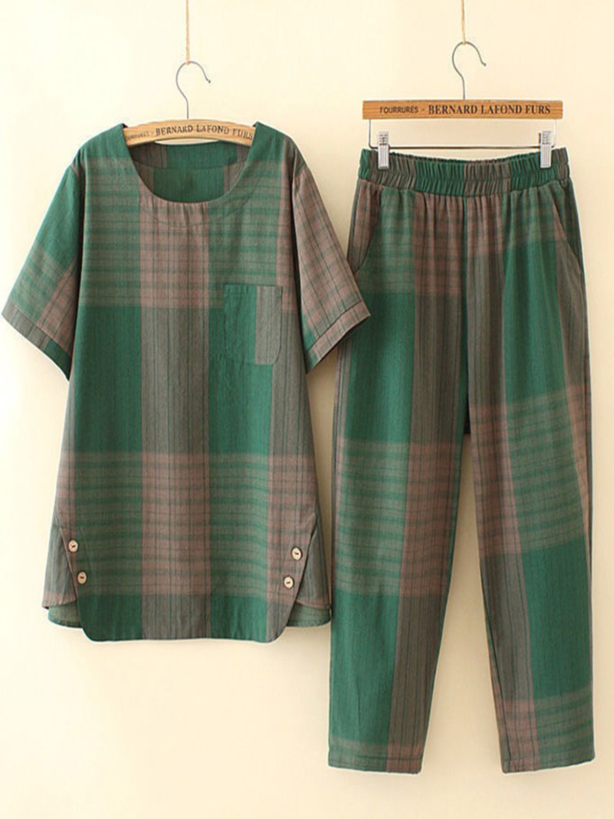 Schnalle Kariert Lässig Bluse mit Hose Zweiteiliges Set