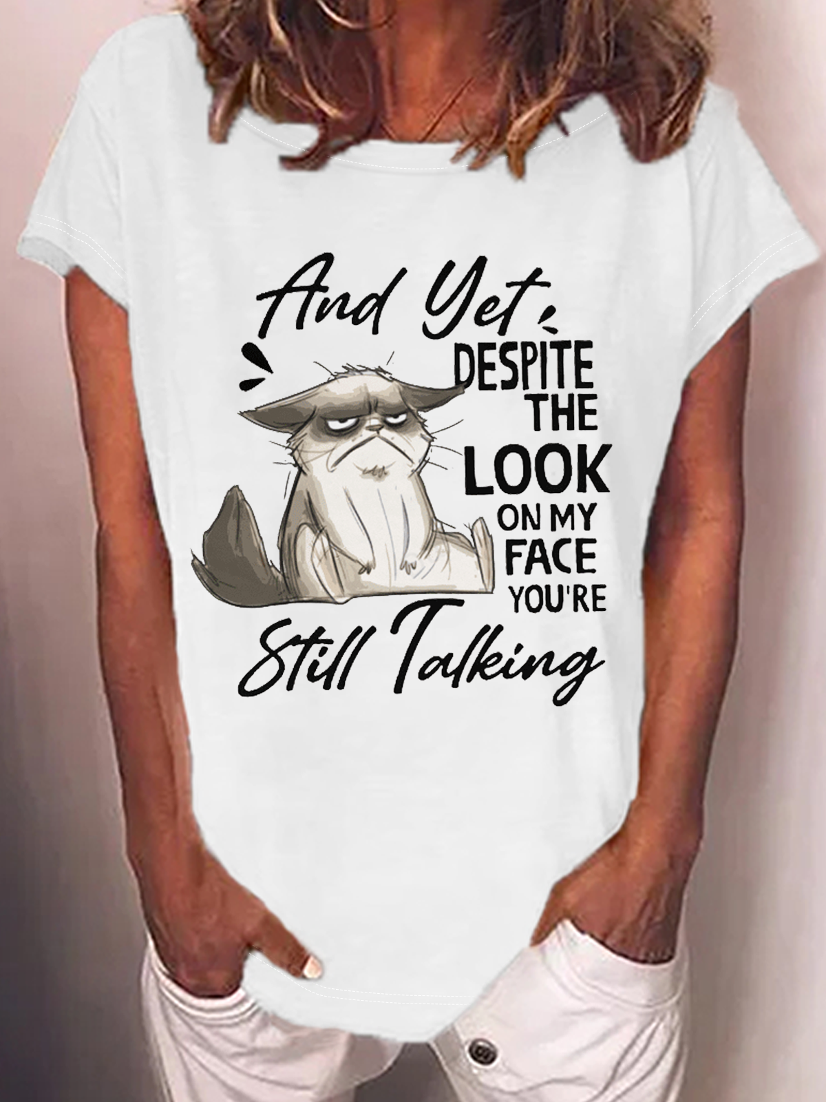 Damen Stil reden A Katze Rundhals Lässig T-Shirt