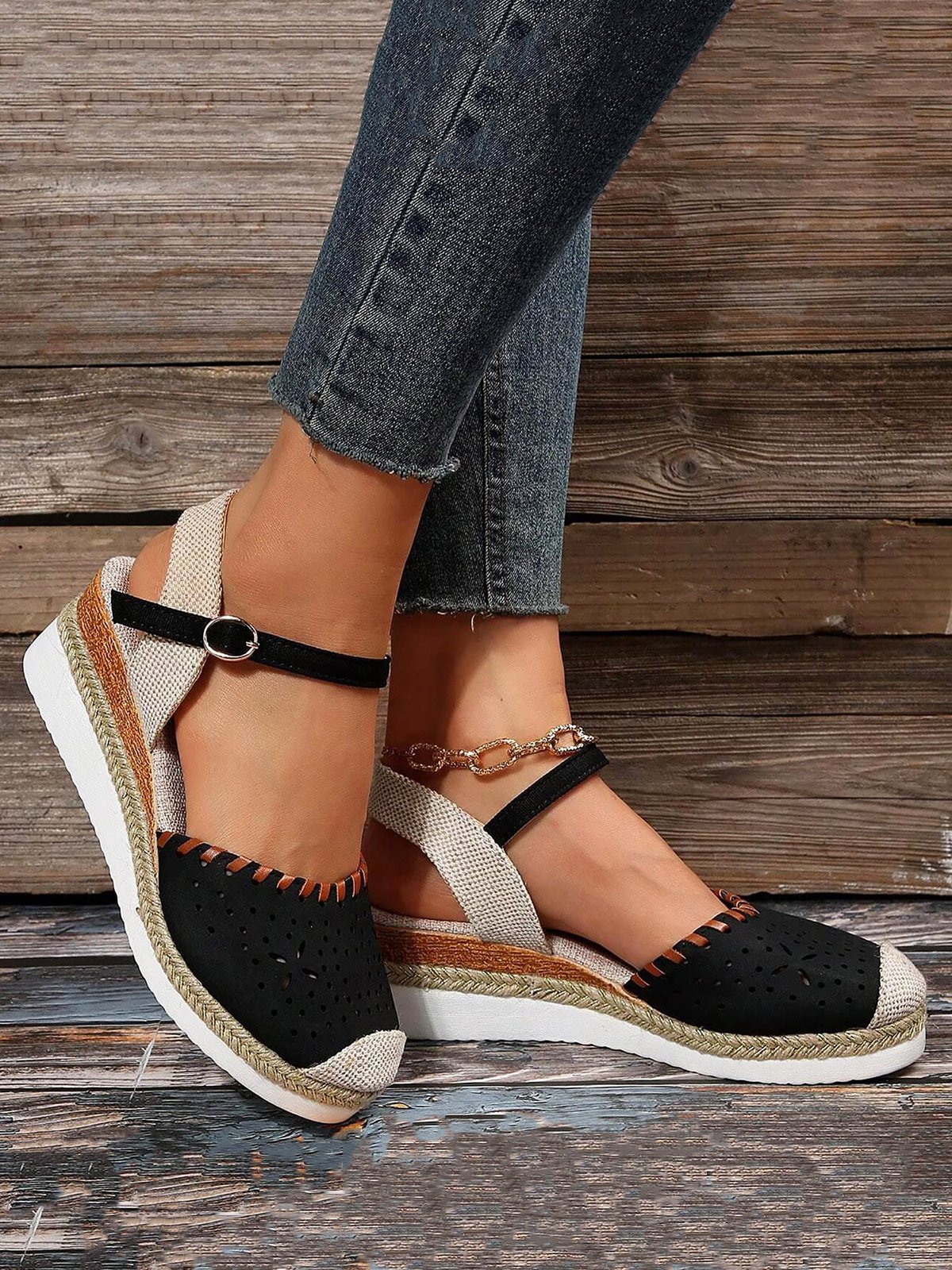 Farbblock Ausgehöhlt Espadrille Knöchel Gurt Keil Schuhe