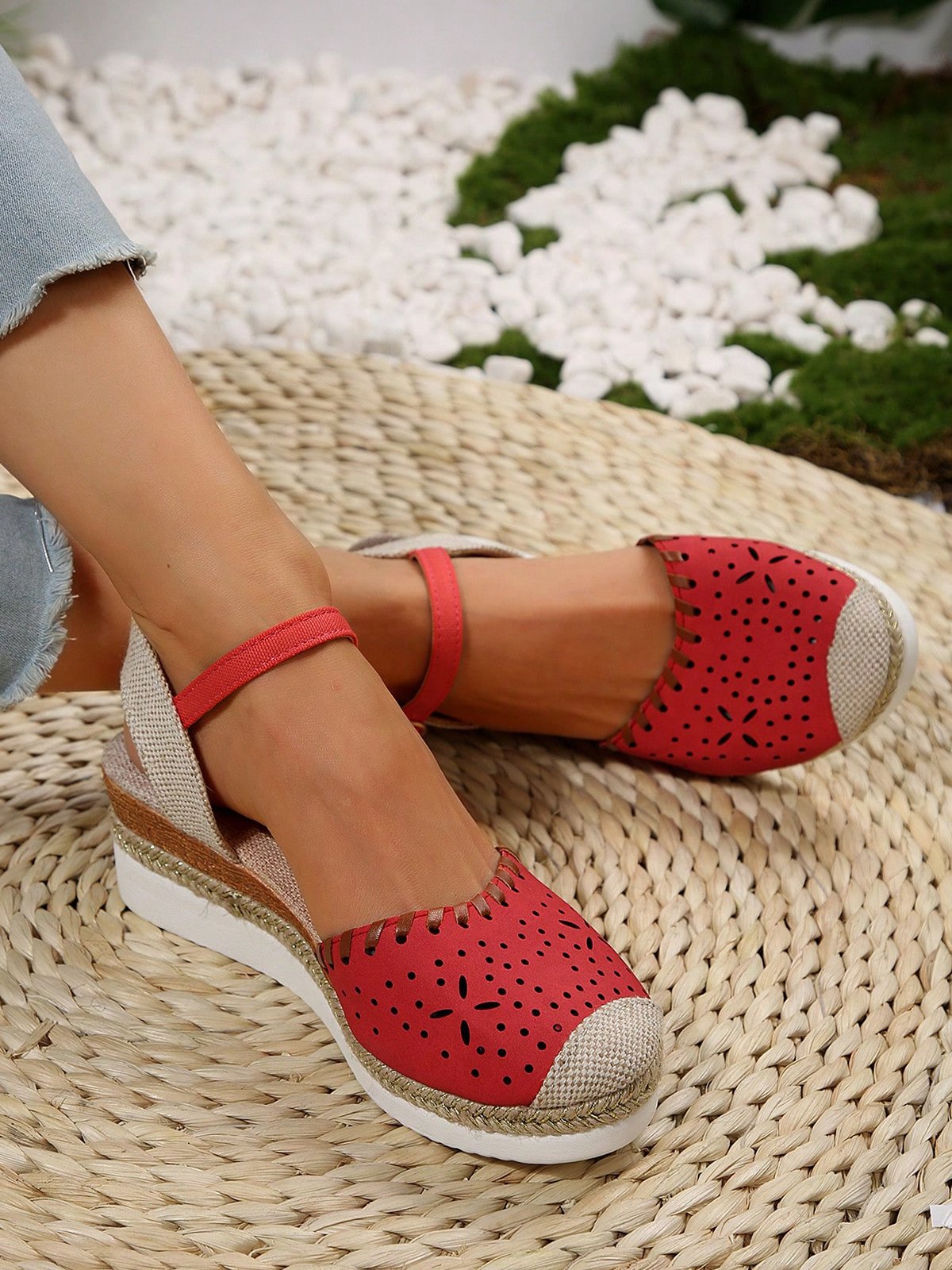 Farbblock Ausgehöhlt Espadrille Knöchel Gurt Keil Schuhe