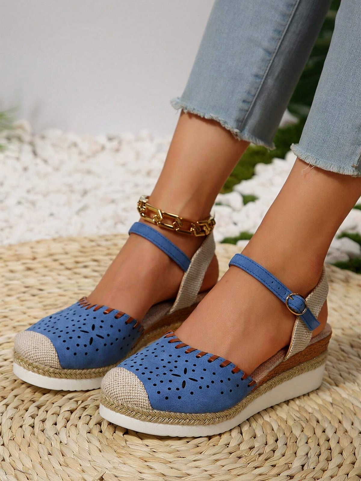 Farbblock Ausgehöhlt Espadrille Knöchel Gurt Keil Schuhe