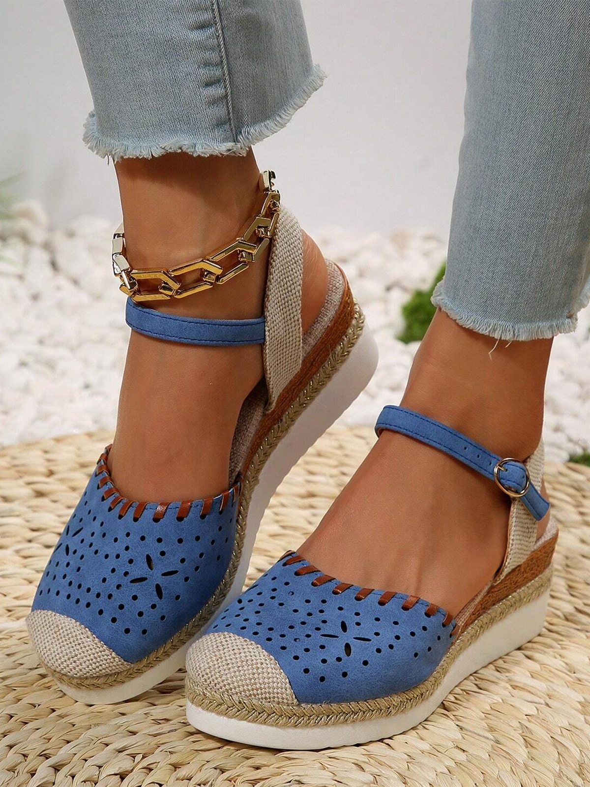 Farbblock Ausgehöhlt Espadrille Knöchel Gurt Keil Schuhe