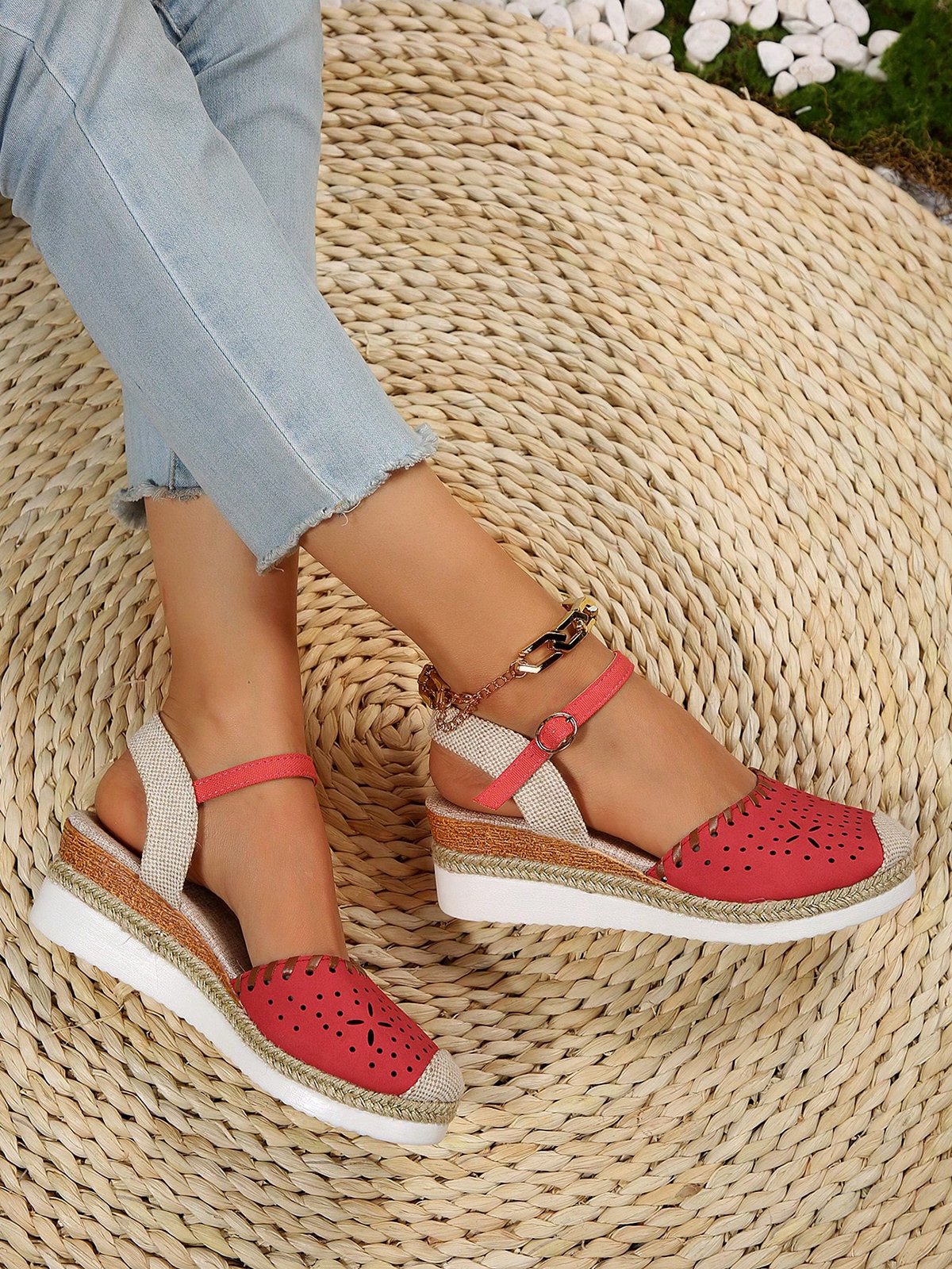 Farbblock Ausgehöhlt Espadrille Knöchel Gurt Keil Schuhe
