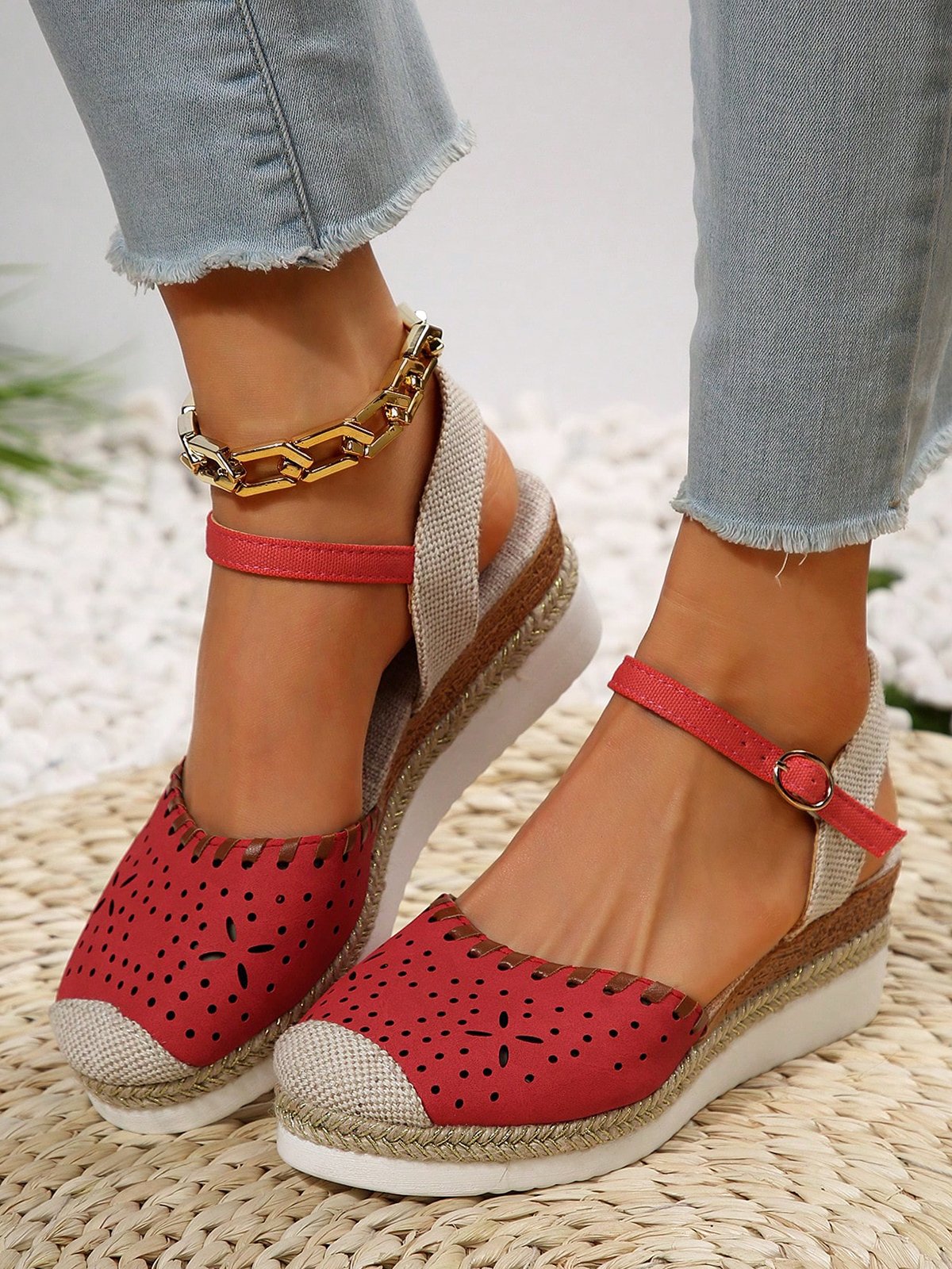 Farbblock Ausgehöhlt Espadrille Knöchel Gurt Keil Schuhe
