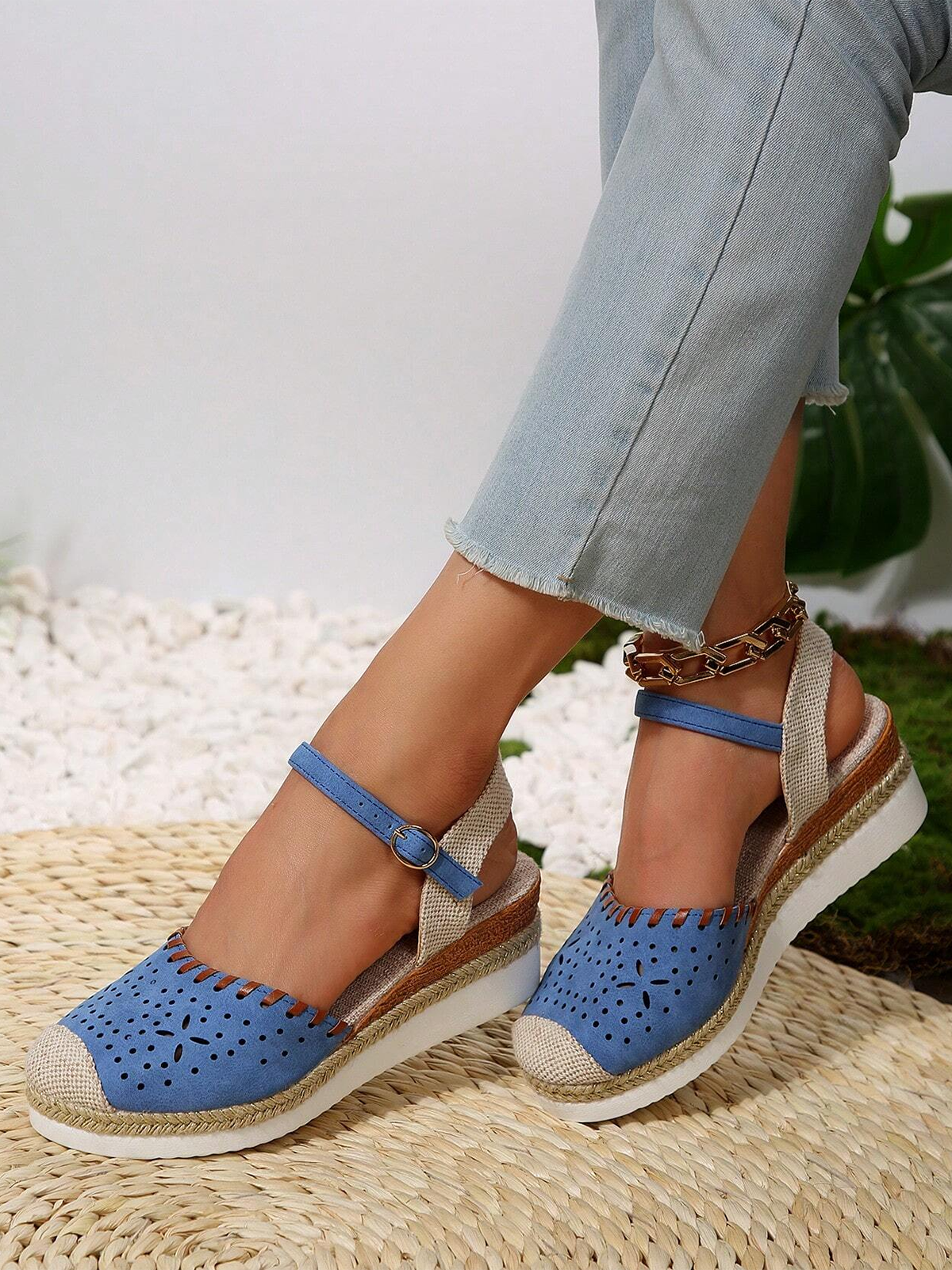 Farbblock Ausgehöhlt Espadrille Knöchel Gurt Keil Schuhe