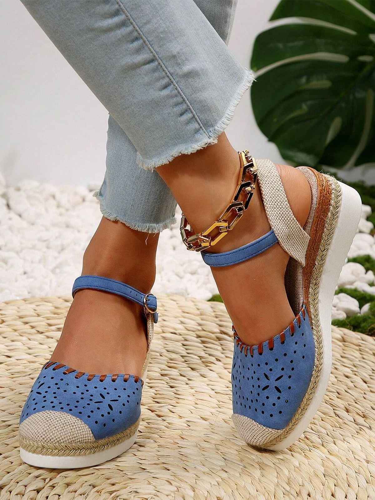 Farbblock Ausgehöhlt Espadrille Knöchel Gurt Keil Schuhe