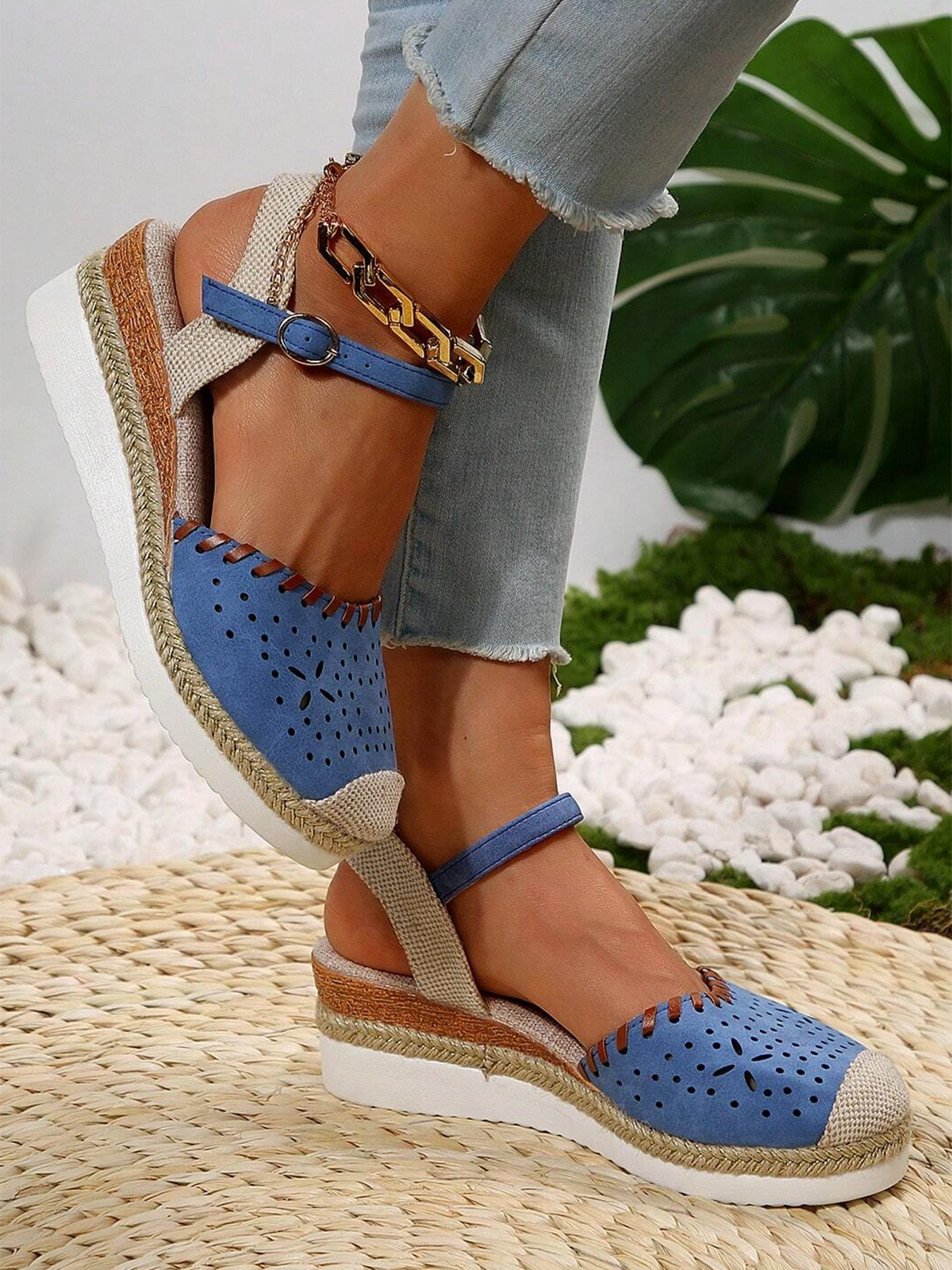 Farbblock Ausgehöhlt Espadrille Knöchel Gurt Keil Schuhe