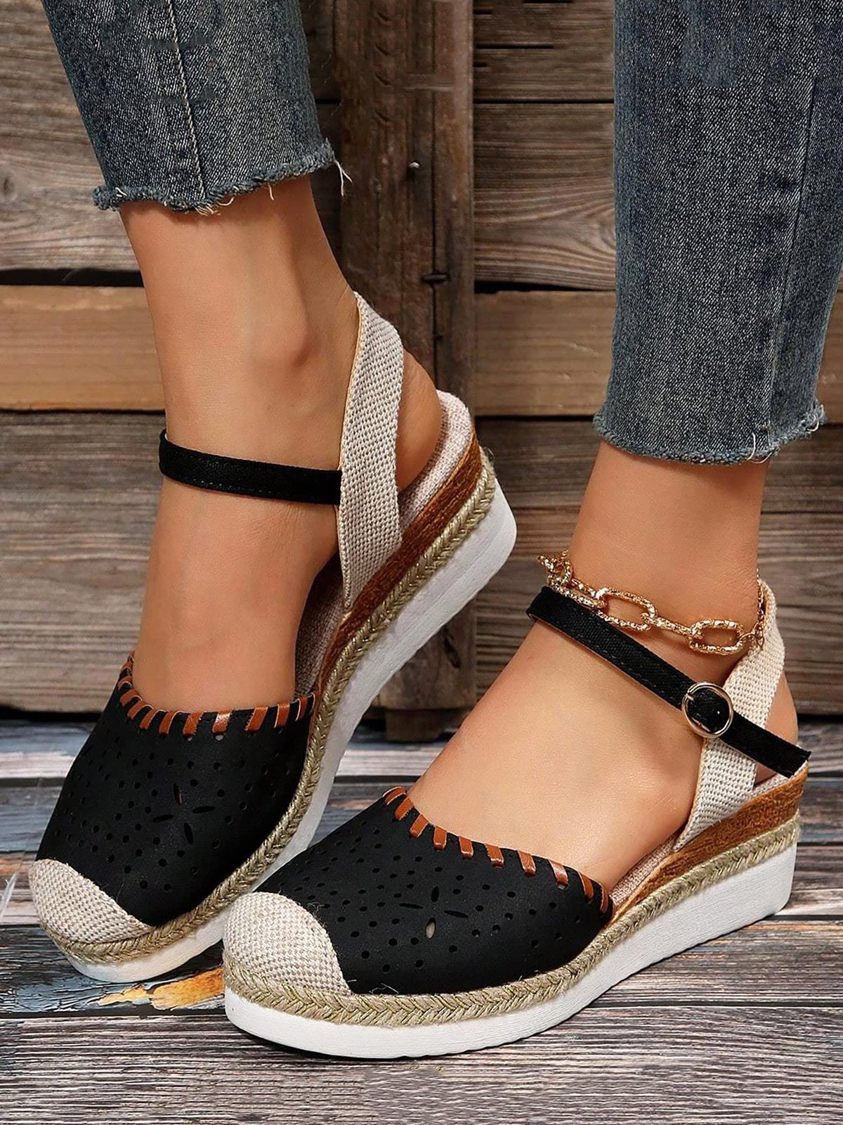 Farbblock Ausgehöhlt Espadrille Knöchel Gurt Keil Schuhe