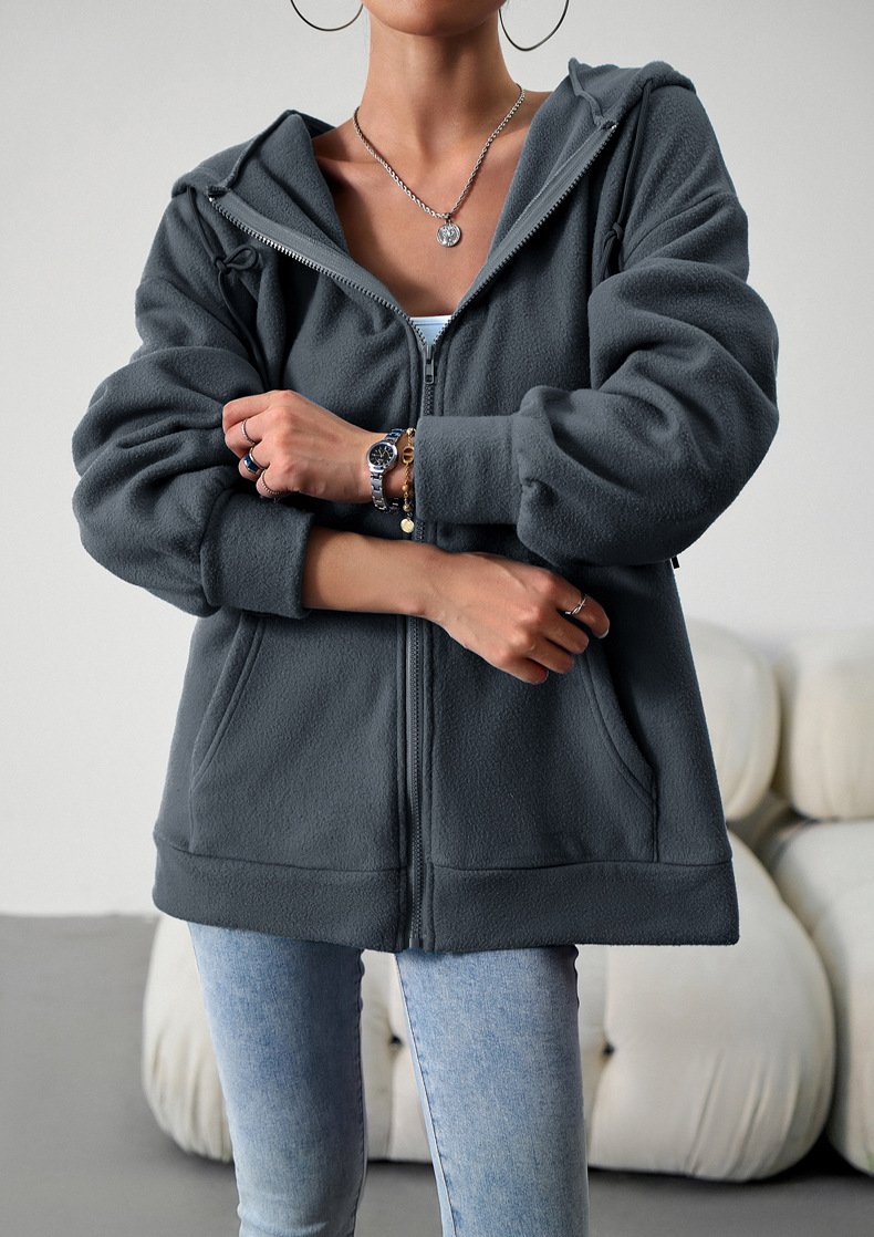 Unifarben Weit Kapuze Lässig Jacke
