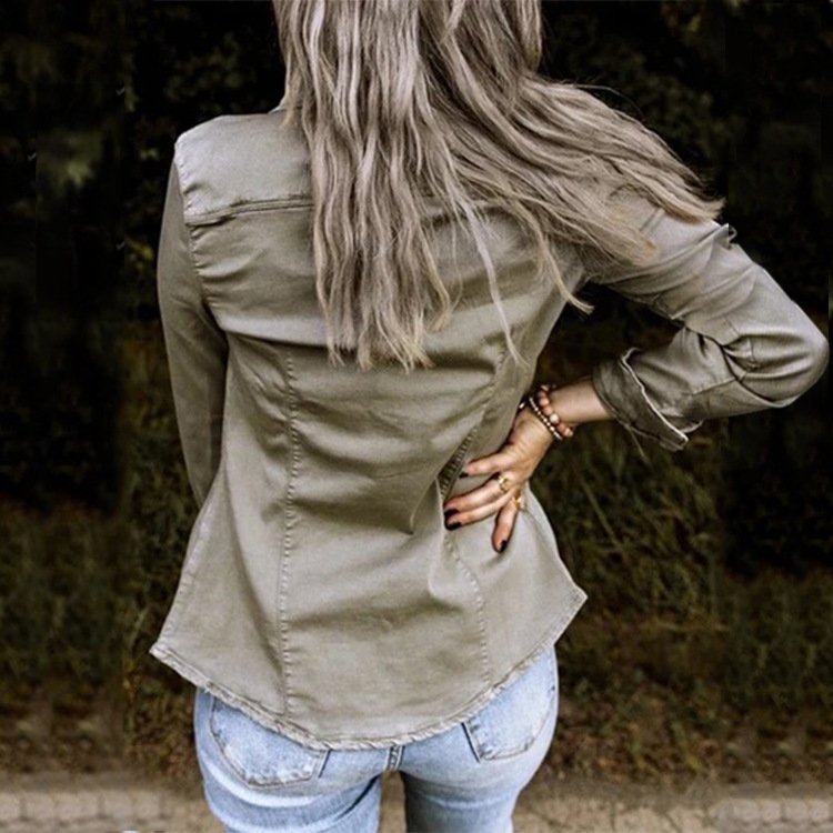 Unifarben Denim Langarm Lässig Hemdkragen Jacke
