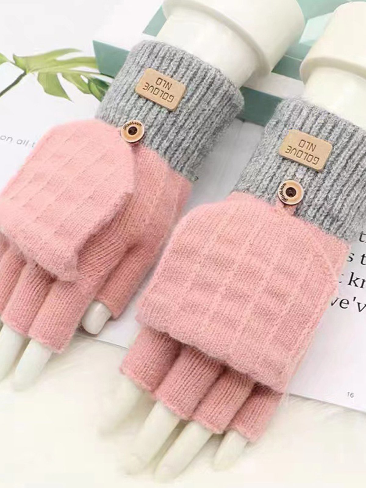 Kontrast Farbe Patchwork Knopf Klappe BAUMWOLLMISCHUNG Vlies Warm Handschuhe