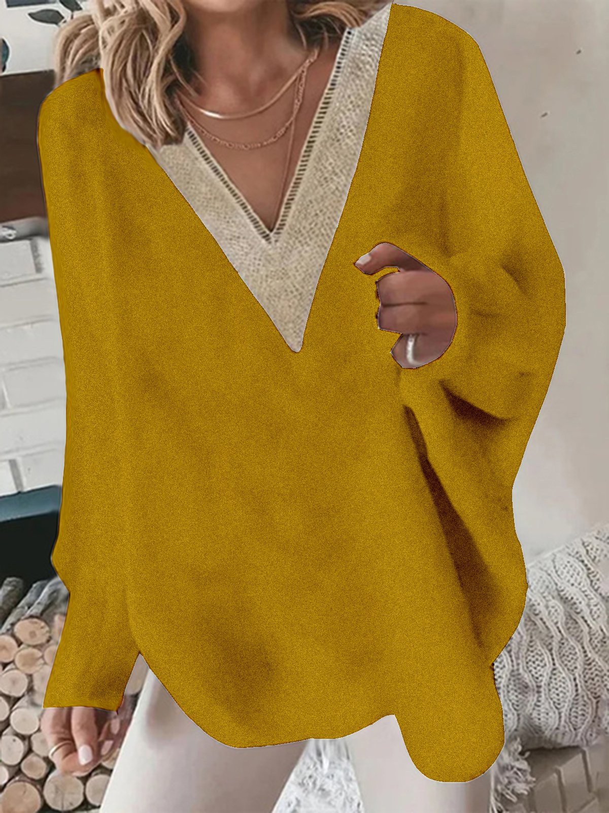 Unifarben Weit V-Ausschnitt Lässig Sweatshirt