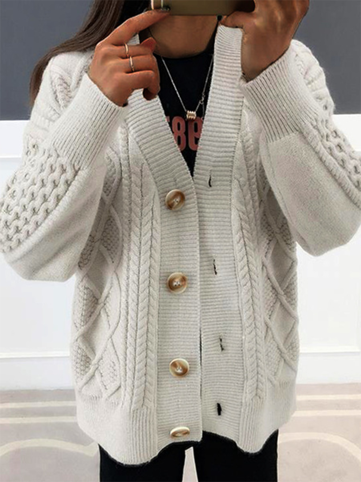 Langarm Unifarben V-Ausschnitt  Schnalle Lässig Strickjacke