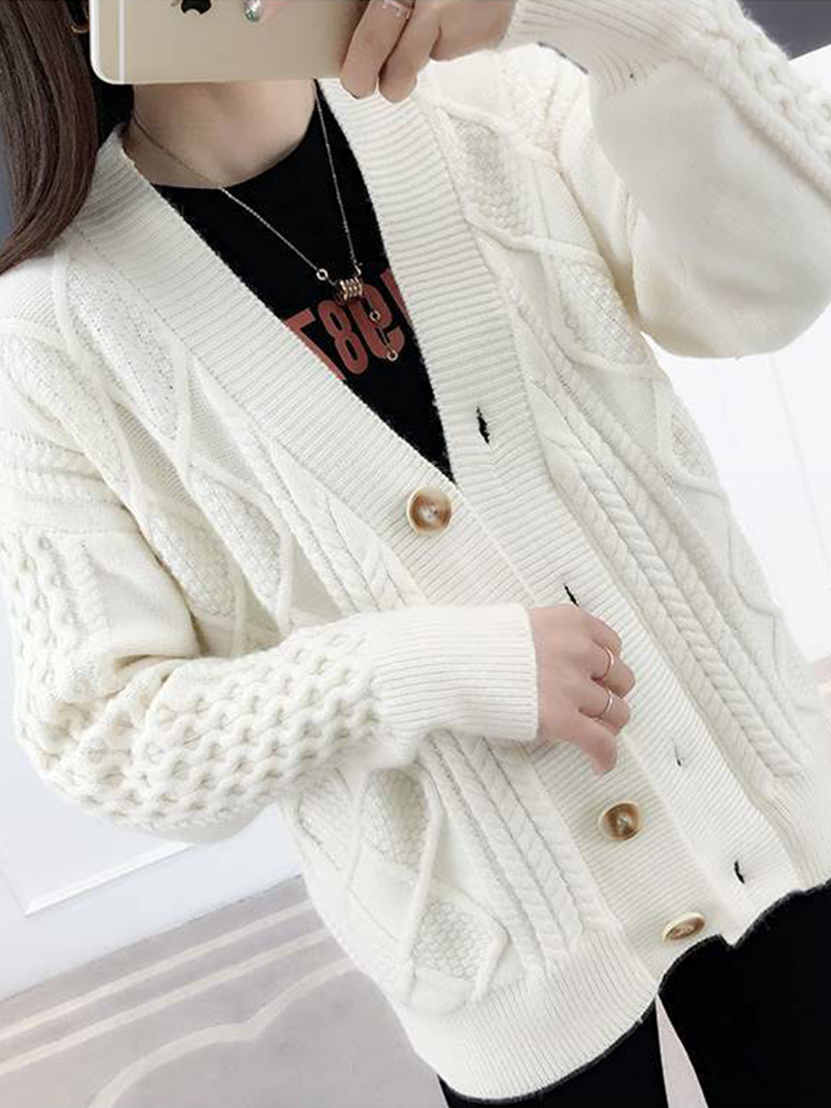 Langarm Unifarben V-Ausschnitt  Schnalle Lässig Strickjacke