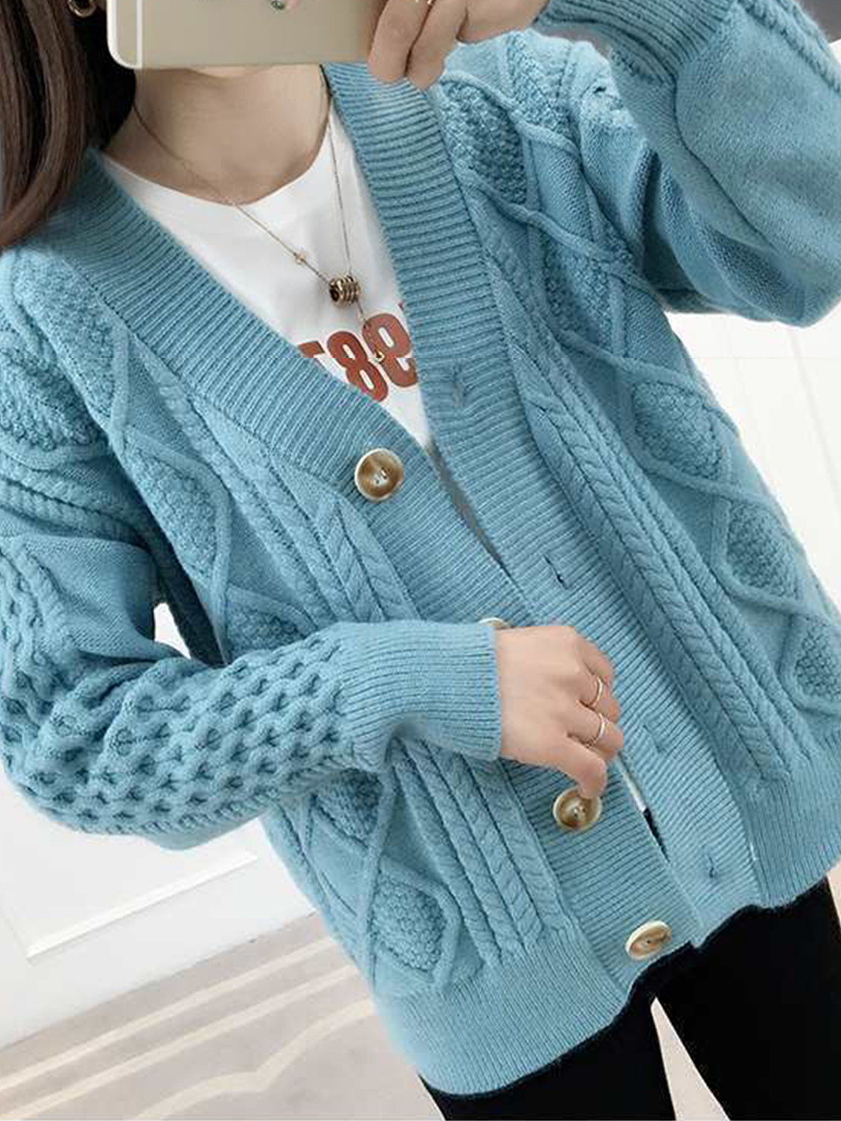 Langarm Unifarben V-Ausschnitt  Schnalle Lässig Strickjacke