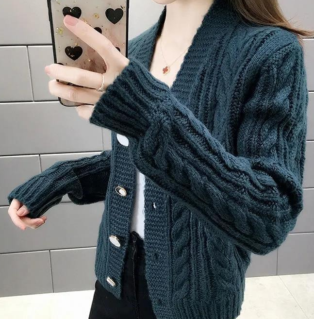 Lässig Unifarben Langarm Schnalle Strickjacke