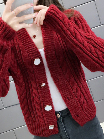 Lässig Unifarben Langarm Schnalle Strickjacke
