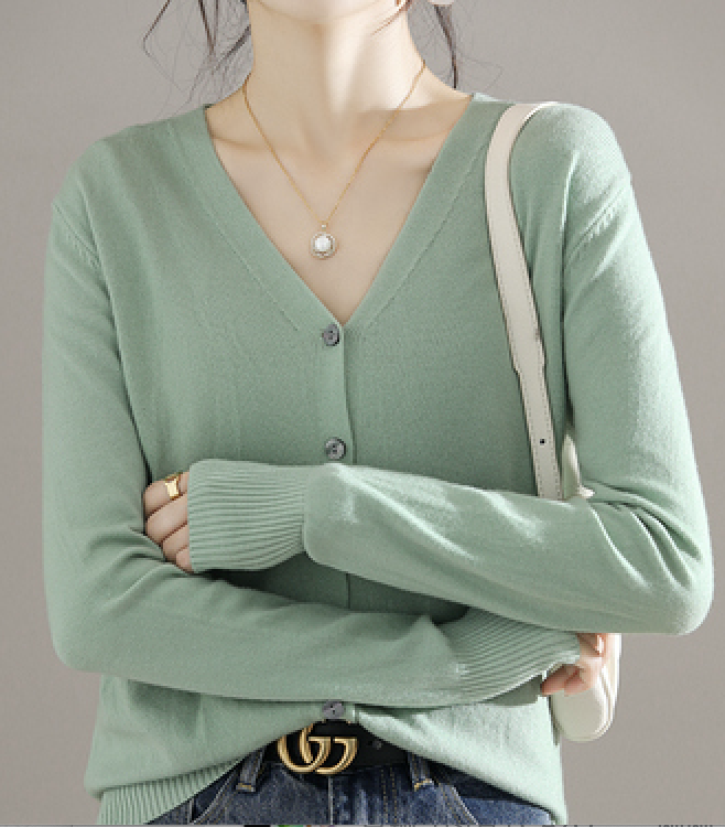 V-Ausschnitt Schnalle Langarm Lässig Unifarben Strickjacke