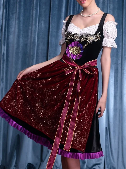 Samt Oktoberfest Bayerisch traditionell Bier Kurzarm Spitze Schleife Kleid mit Gürtel