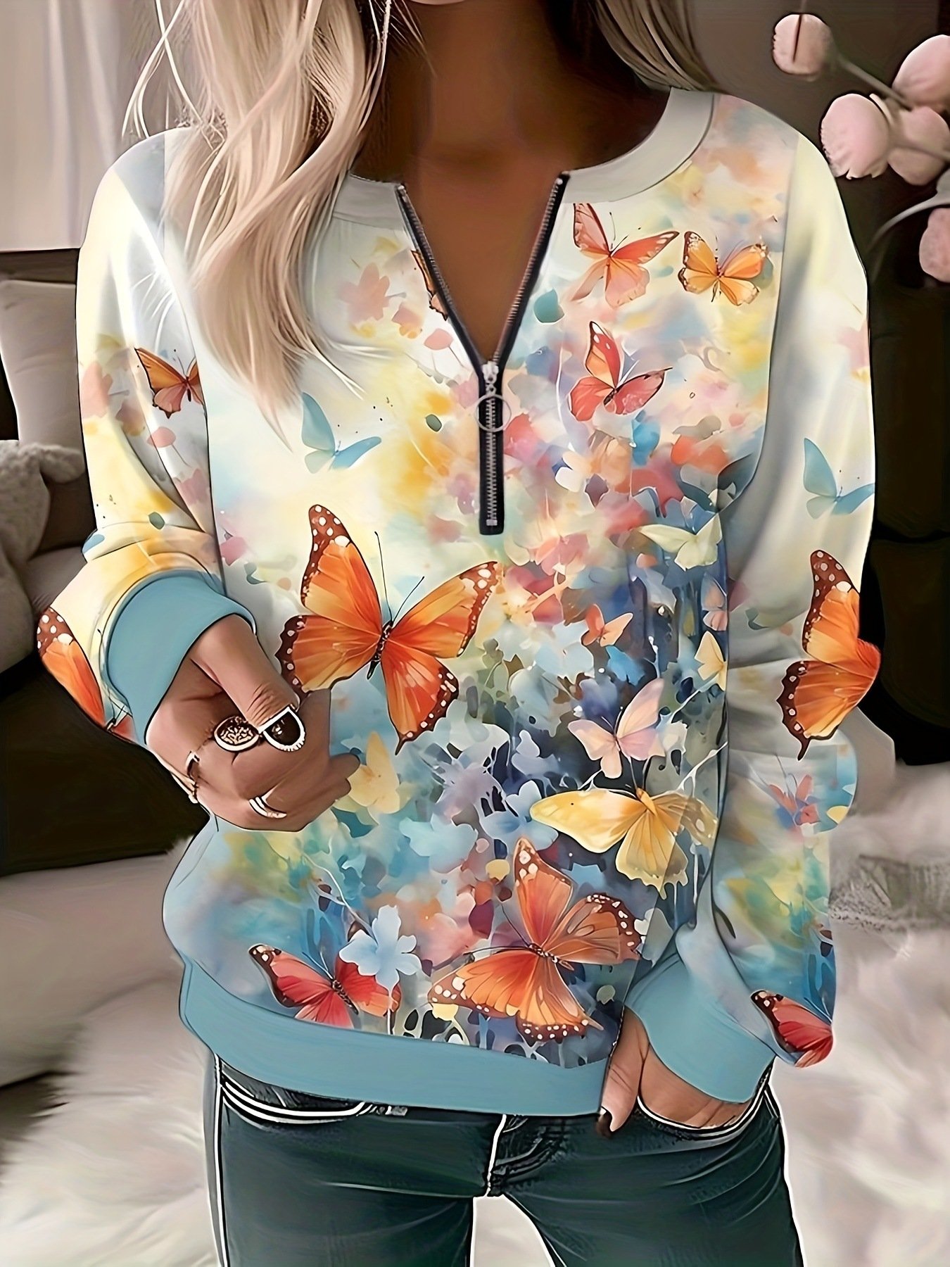 Geblümt V-Ausschnitt Lässig Weit Sweatshirt