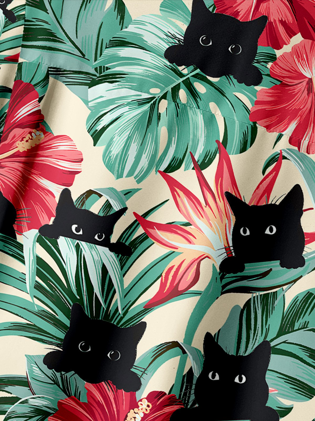 Lustig Schwarz Katze Brusttasche Kurzarm Hawaiische Bluse