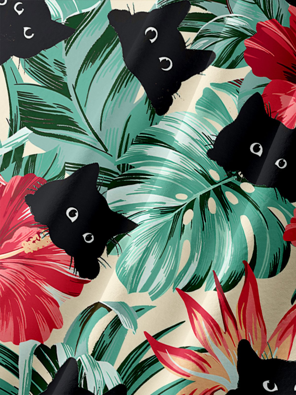 Lustig Schwarz Katze Brusttasche Kurzarm Hawaiische Bluse