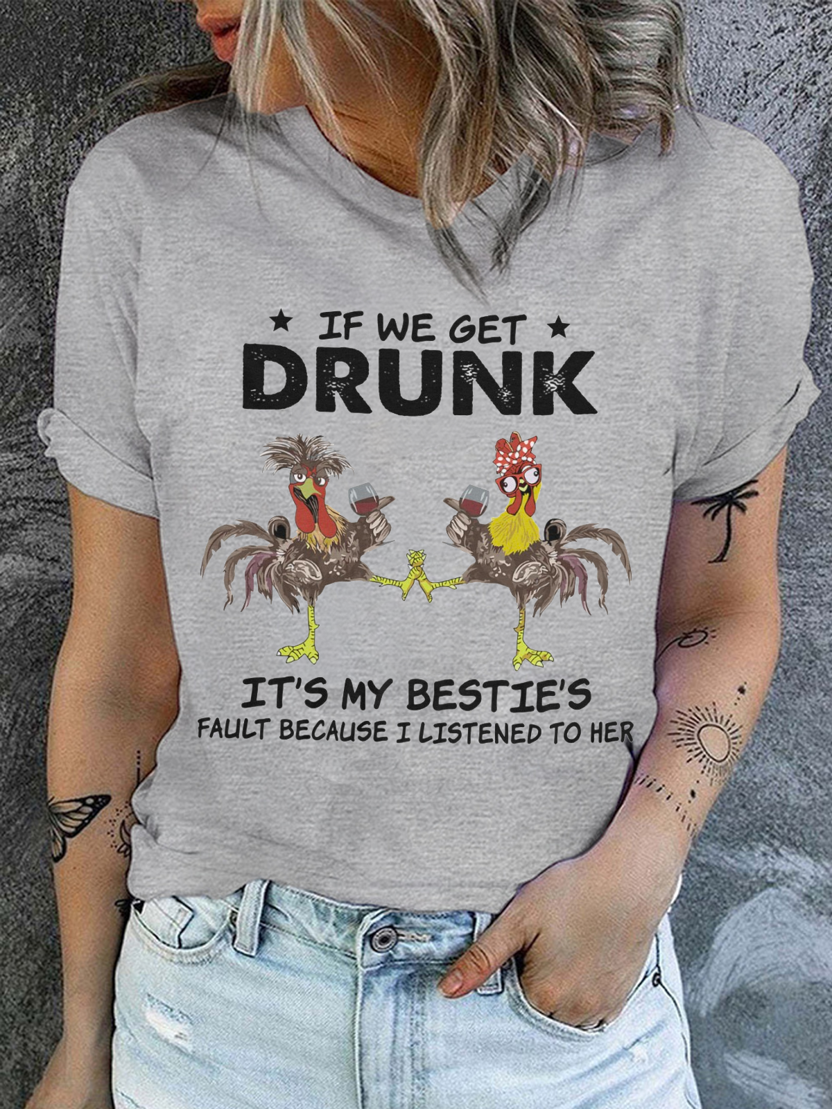 Damen Wir Betrunken Baumwolle Textbriefe Rundhals Lässig T-Shirt