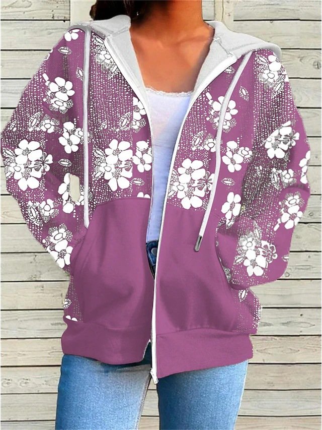 Print Damen Reißverschluss Kapuze Lässig Sweatshirt