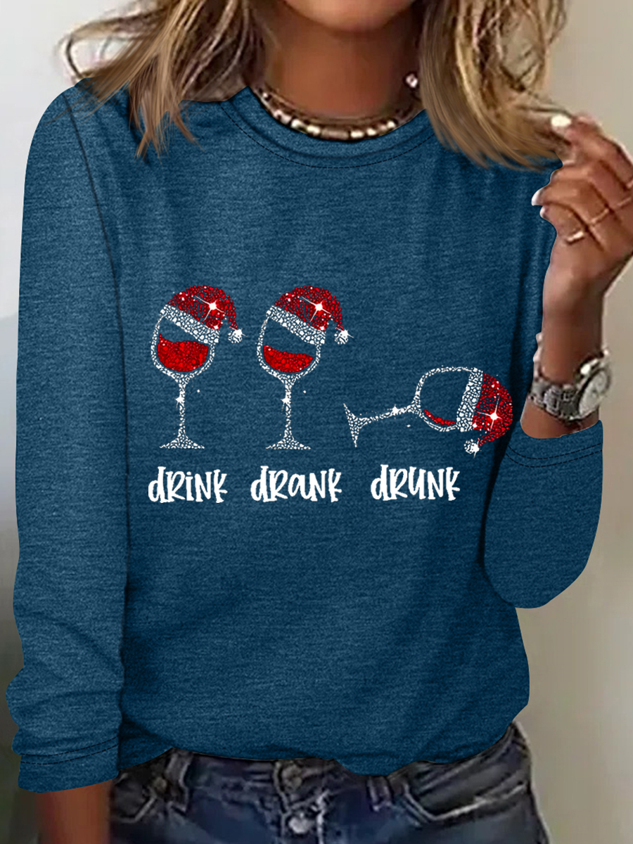 Damen Lustig Weihnachten Getränk Getrunken Betrunken Weinrot Glas Lässig Rundhals Regelmäßige Passform Bluse