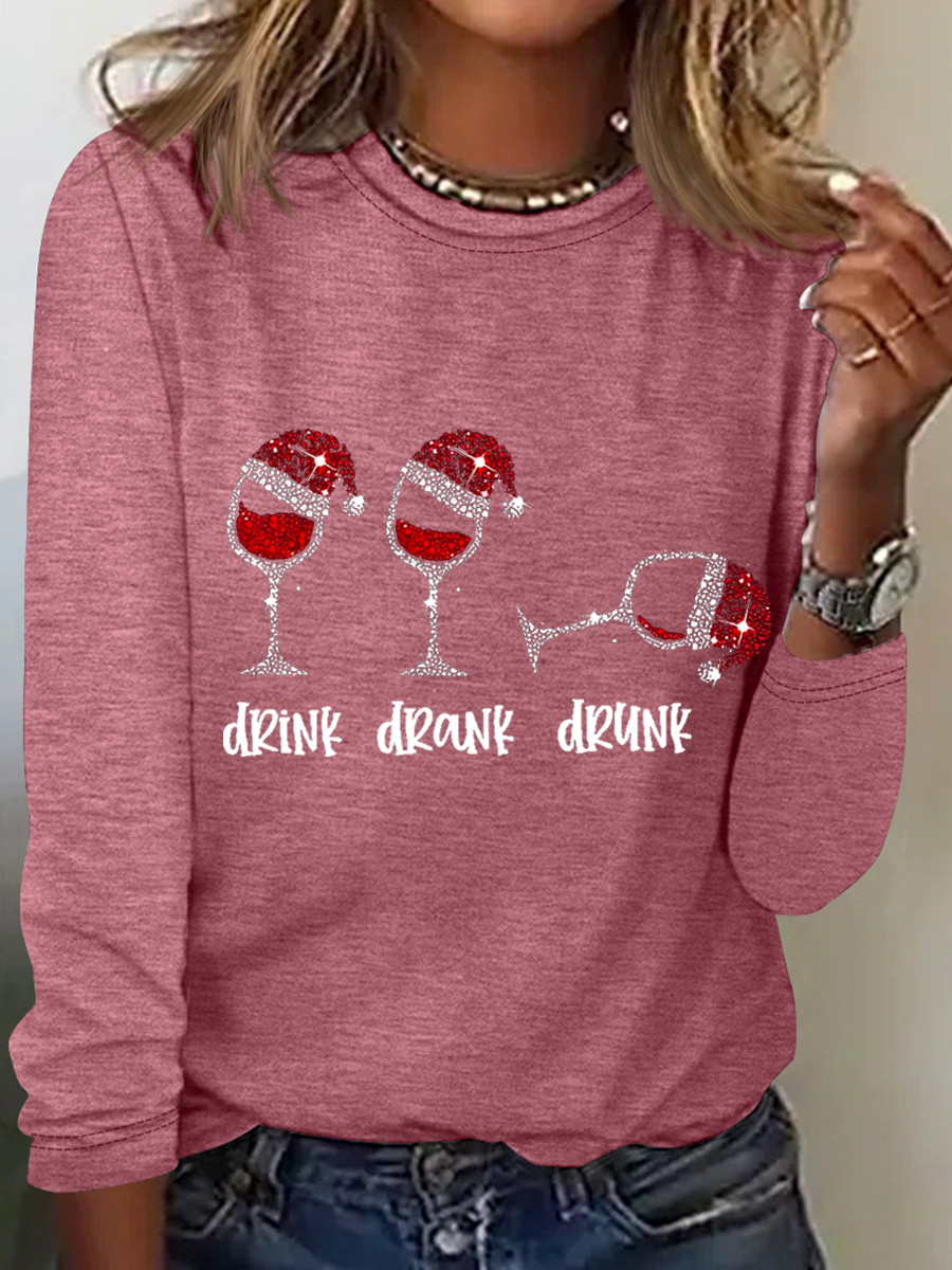 Damen Lustig Weihnachten Getränk Getrunken Betrunken Weinrot Glas Lässig Rundhals Regelmäßige Passform Bluse