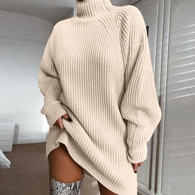 Spitze Weit Rollkragen Lässig Strickkleid Mit Nein
