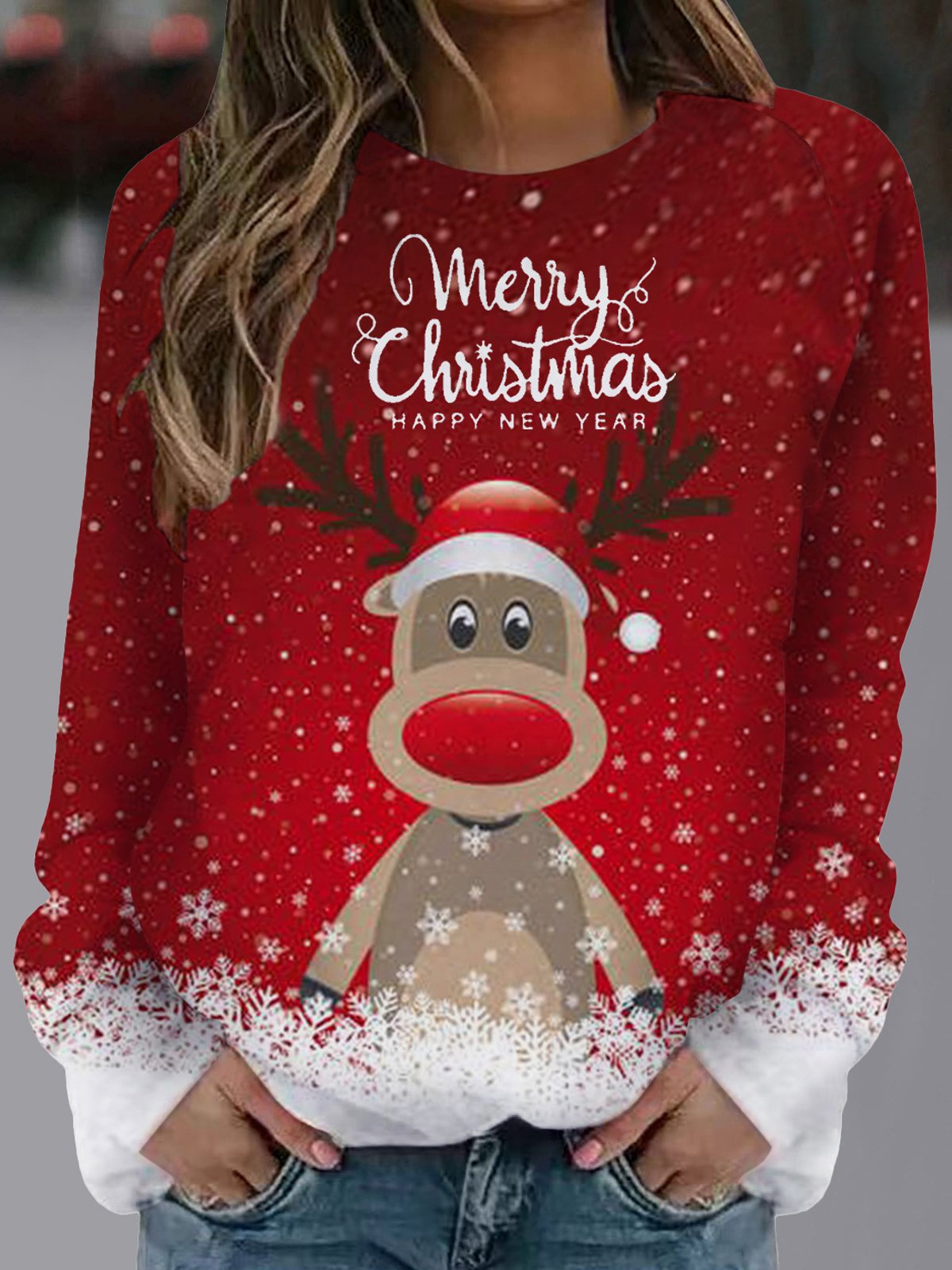 Rundhals Weihnachten Lässig Weit Sweatshirt