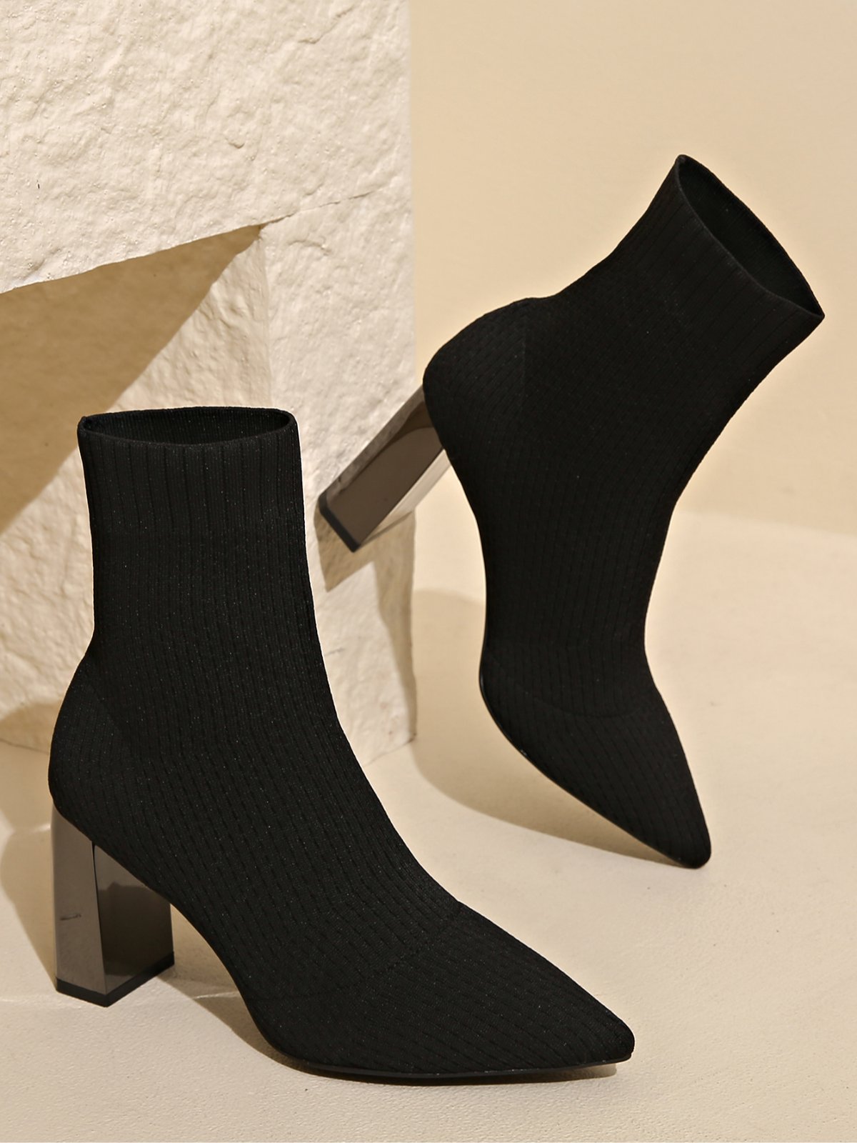 Damen minimalistisch Hochelastisch Textil Blockabsatz Sockenstiefel
