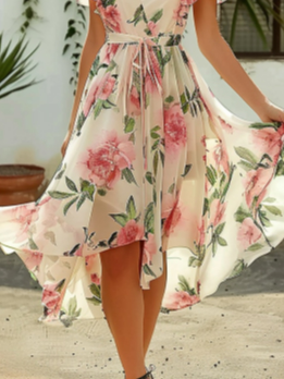 Geblümt Urlaub Regelmäßige Passform Chiffon Kleid mit Gürtel