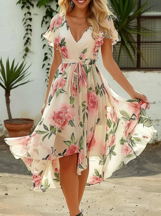 Geblümt Urlaub Regelmäßige Passform Chiffon Kleid mit Gürtel