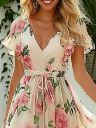 Geblümt Urlaub Regelmäßige Passform Chiffon Kleid mit Gürtel