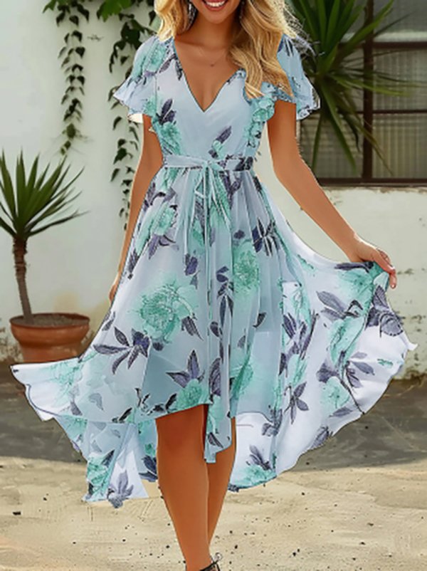 Geblümt Urlaub Regelmäßige Passform Chiffon Kleid mit Gürtel