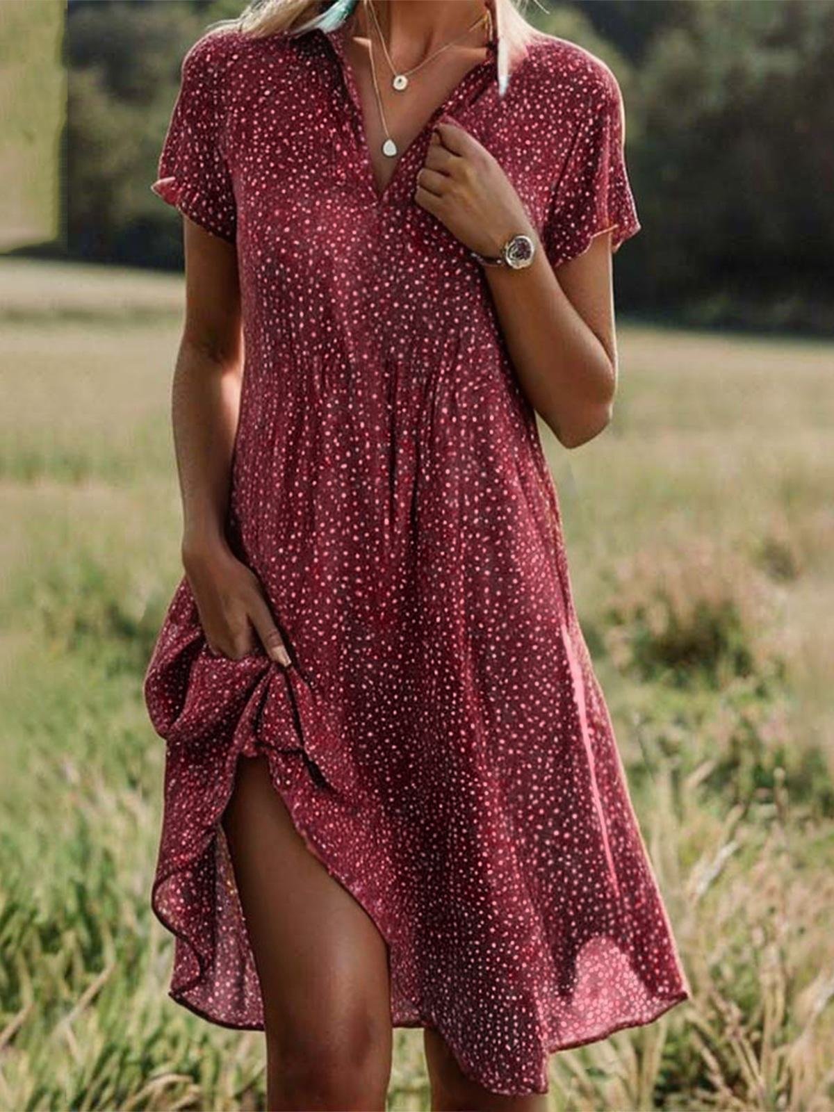 Damen Kurzarm Sommer Polka Dots Maxikleid Hemdkragen V-Ausschnitt Ausgehen Lässig A-Linien Midikleid Grün blau Rot