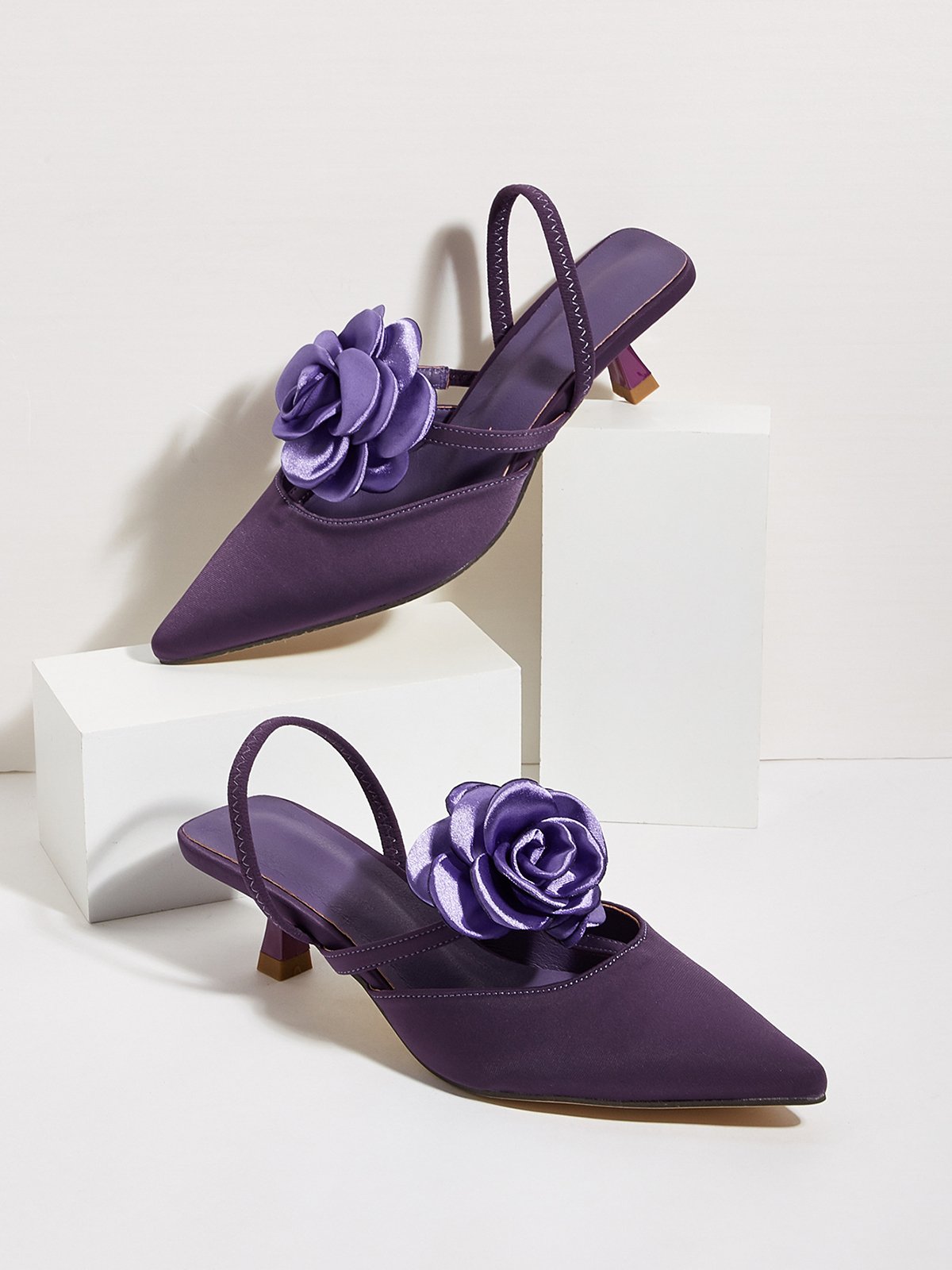 Elegant Rosa Satin Kätzchen Stöckel Slingback Pumps