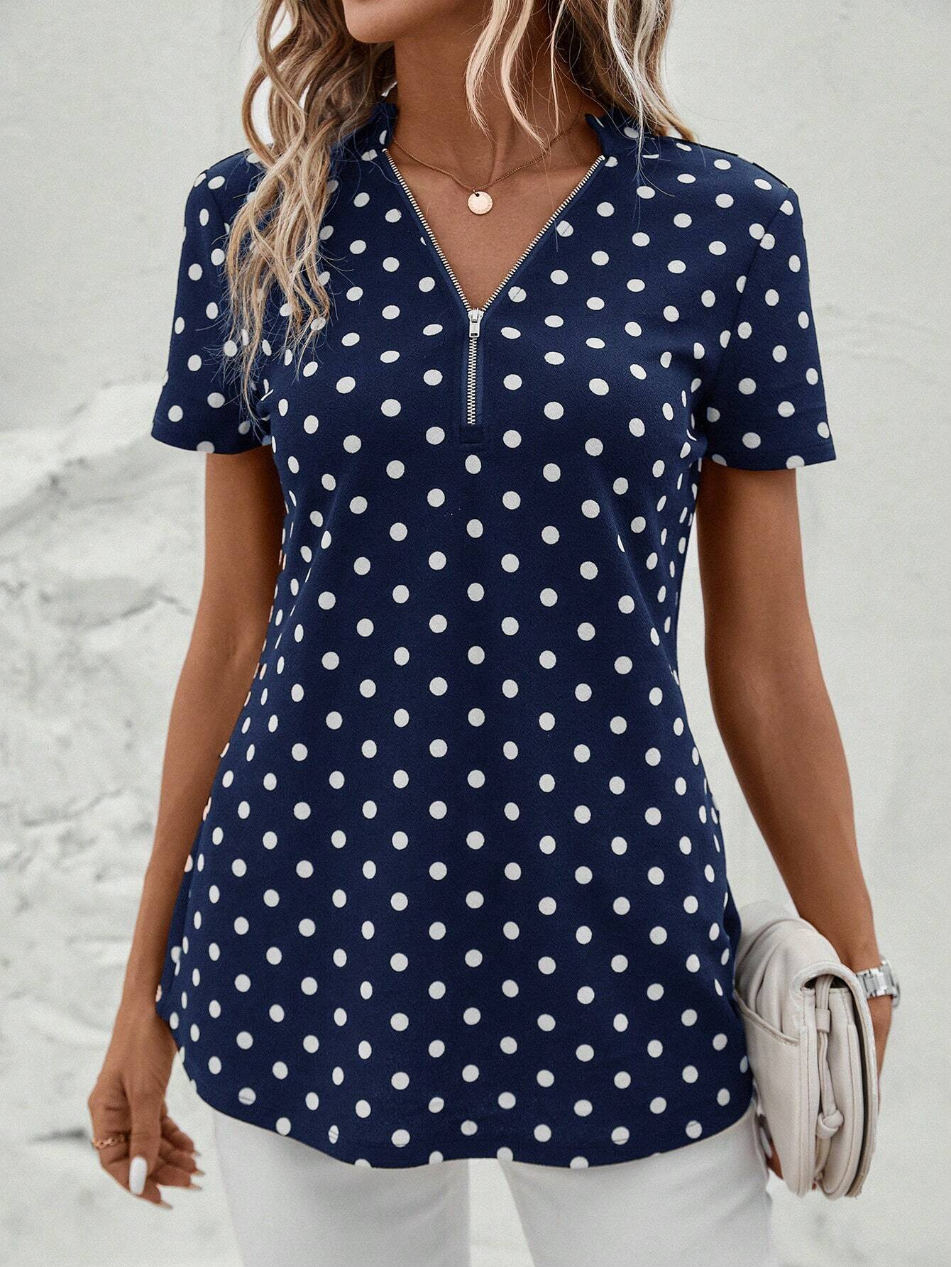 Damen Kurzarm Bluse Sommer Petrol Blau Polka Dots Reißverschluss V-Ausschnitt Ausgehen Oberteile